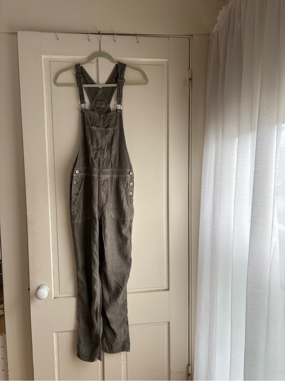 American Eagle Outfitters Olive Green Denim Overalls with Adjustable Straps